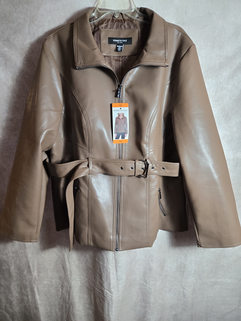 Kenneth Cole Women's Brown Faux Leather Belted Jacket XXL Coat